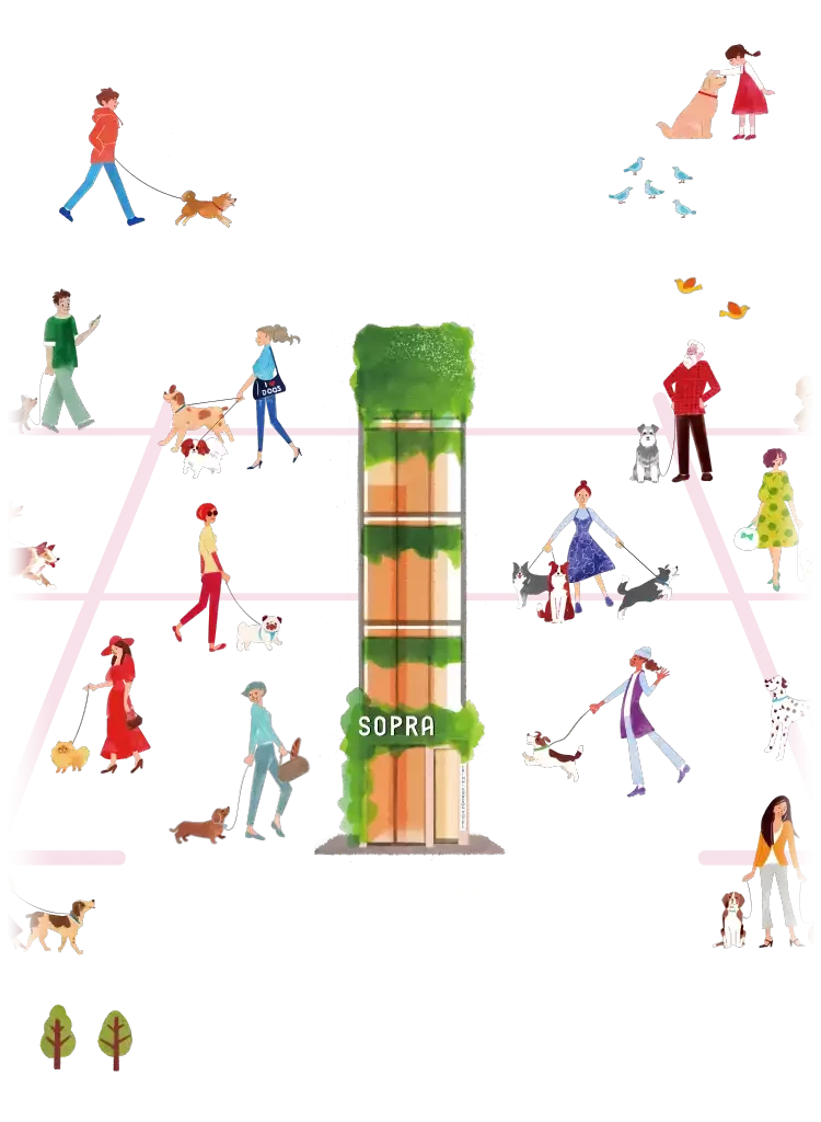 銀座の街並みとSOPRAタワーのイラスト